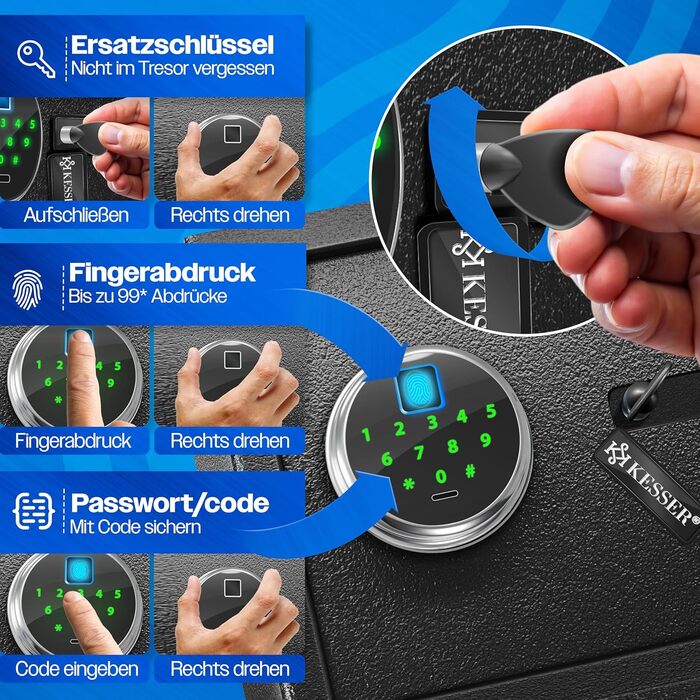 Електронний сейф KESSER® з відбитком пальця та ключем L | Вбудований акумулятор | 3x подвійний замок | Настінний/підлоговий сейф | Чорний