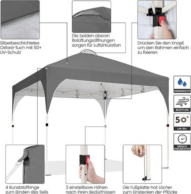 Yaheetech Folding Gazebo 2.4 x 2.4 m Pop-Up Gazebo, Adjustable Height Garden Gazebo, Waterproof & Sun Protection Party Tent Garden Tent with Rolling Carry Bag for Outdoor Market Garden Yard, (Dark Grey, 3x3m)