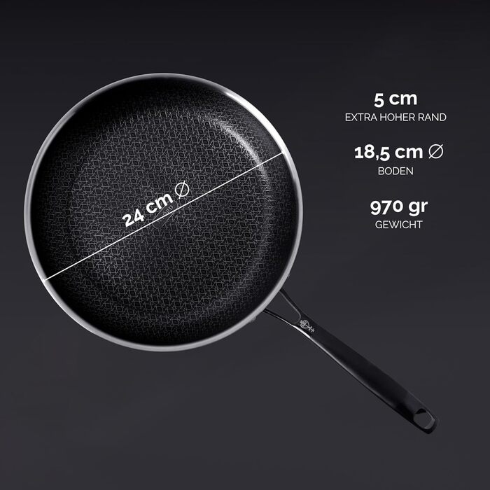 Пан з нержавіючої сталі NYORD - антипригарне покриття, з гранульованою поверхнею, для плити та духовки, з кришкою, 24 см