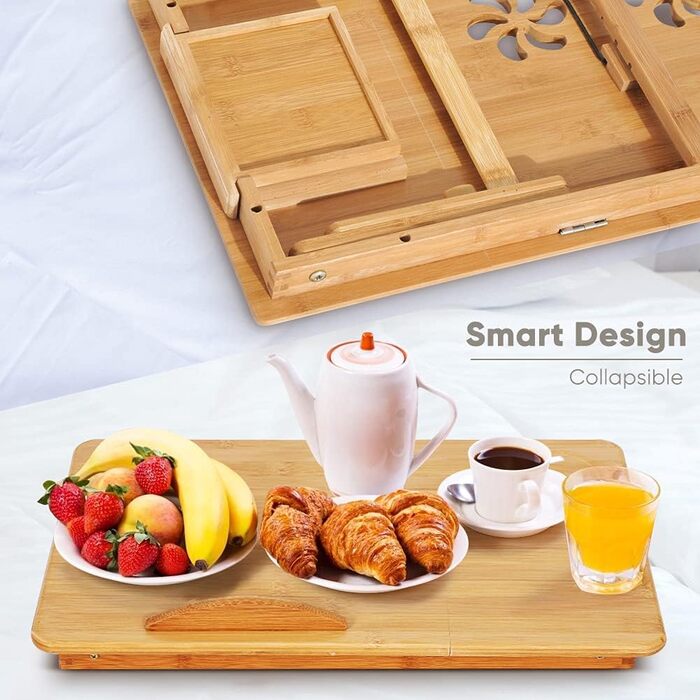 Стіл для ноутбука на ліжко, бамбуковий, регульований, з ящиком. Стіл для читання, сніданку, малювання та їжі