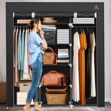 KESSER® Wardrobe Fabric Wardrobe Stable with Clothes Rail & Shelves, Incl. 5x Clothes Hangers, Fabric Folding Wardrobe for Bedroom, Dressing Room Closet with Clothes Rack 150x45x175cm Black