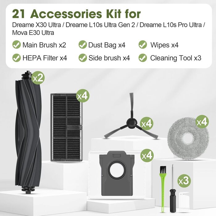 Запчастини для Dreame X30 Ultra / L10s Ultra Gen2 / L10s Pro Ultra Heat / L40 Ultra AE / Mova E30 Ultra: комплект аксесуарів (2 основні щітки, 4 фільтри, 4 ганчірки для миття, 4 бічні щітки, 4 пилозбірники)