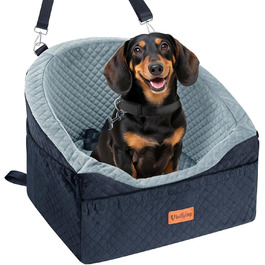 Elevated Dog Car Seat - Small & Medium Dogs (Up to 13.6KG) - Washable, Travel Bed with Storage & Safety Belt (Black & Grey)