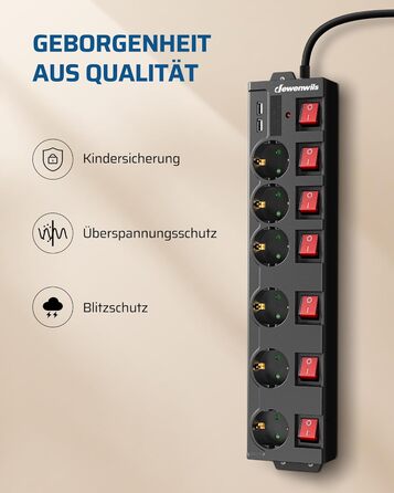 Мережевий фільтр DEWENWILS з USB, 6 розеток, індивідуальне вмикання, захист від перевантаження, дитячий замок, поворот на 90°, (2м, чорний)