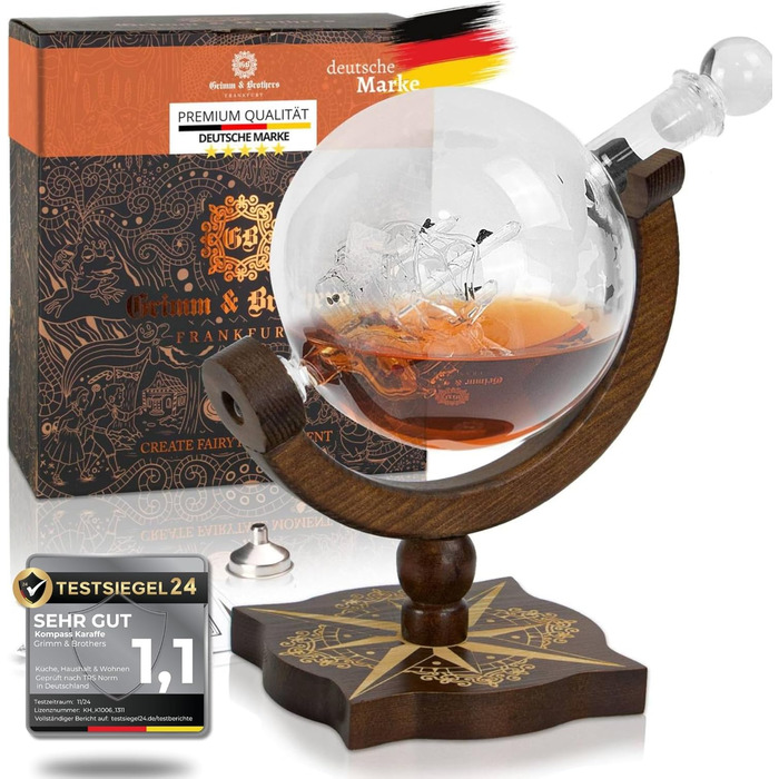 Grimm & Brothers: Compass Decanter - Genuine Wood - Whiskey Decanter 850ml with Congratulatory Card - Whiskey Accessories - Men's Gifts - Globe Whiskey Decanter - Gift Set - Alcohol - Whiskey Decanter