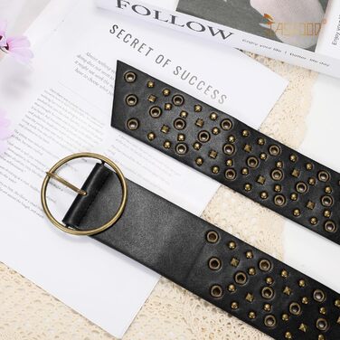 Жіночий широкий пояс JasGood з прорізними заклепками та круглою застібкою, пояс з заклепками, пояс для талії, для джинсів, штанів, суконь, чорний, розмір S (об'єм талії до 88 см)