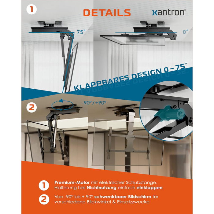 Xantron DEHA-600E Electric Tilt, Swivel & Fold-Down TV Ceiling Mount - 32-75 Inch - Voice Control Remote Included