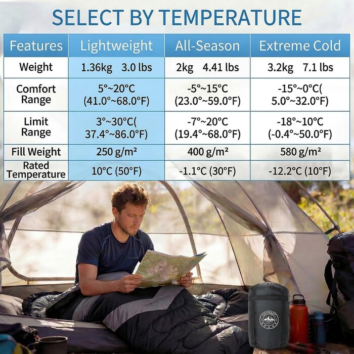 Зимовий спальний мішок для дорослих та дітей -15°C...0°C, теплий кемпінговий спальник (950GSM, 3.2кг) з компресійним мішком, тип кокон-ковдра