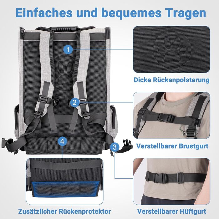 Транспортна переноска для собак та котів великого розміру з колесами, складана, рюкзак для собак до 15 кг, з прозорим вікном, сірого кольору