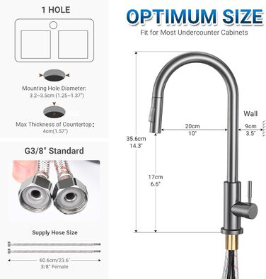 Кухонний змішувач Wasserhahn з висувною лійкою, поворотний на 360°, 2 функції, однорідний, для кухні (сірий)