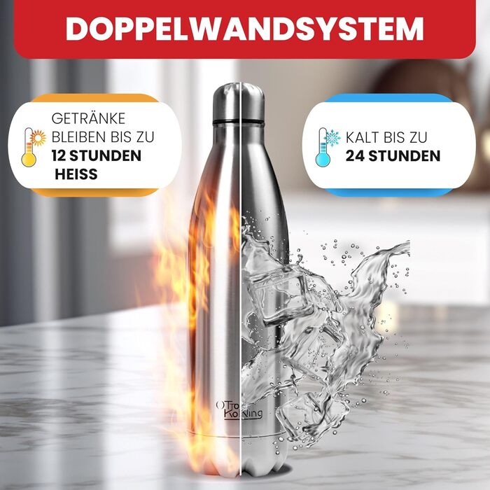 Термос-термопляшка з нержавіючої сталі Otto Koning, 1000 мл, подвійні стінки, вакуумна ізоляція, BPA-free, сріблястий