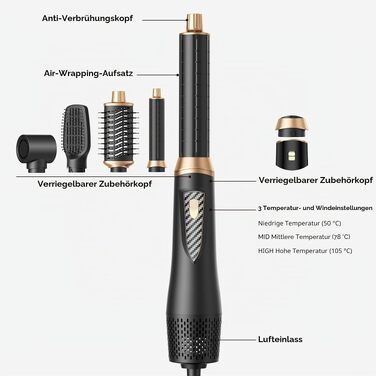 Стайлер для волосся 5 в 1 UKLISS Airstyler: іонний фен-щітка з автозавиванням (32 мм), набір для сушіння, випрямлення та об'єму, чорний