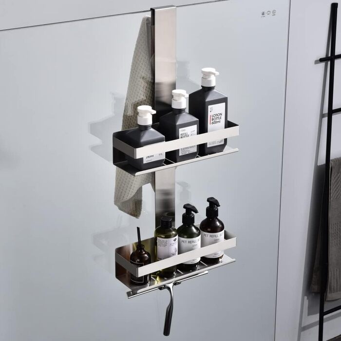 HomeHeng Hanging Shower Caddy, 2-Tier Hanging Shower Shelf Brushed Nickel, SUS304 Stainless Steel Double Shower Basket with Hooks for Glass Shower Enclosure, H30BN-2DH