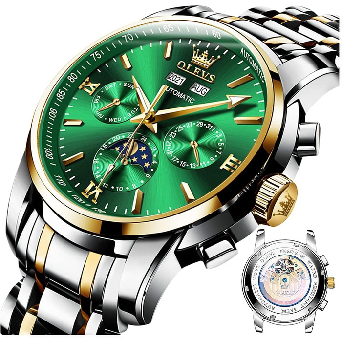 Набір автоматичних механічних годинників для пари OLEVS: чоловічий та жіночий з календарем, фазою місяця та турбійоном, двоколірні (Зелені)