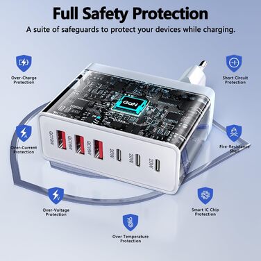Зарядний пристрій USB-C 50W, 5 портів: 2 USB-C та 3 USB-A, швидка зарядка PD 3.0 для iPhone, Samsung, телефонів, планшетів (Сірий)