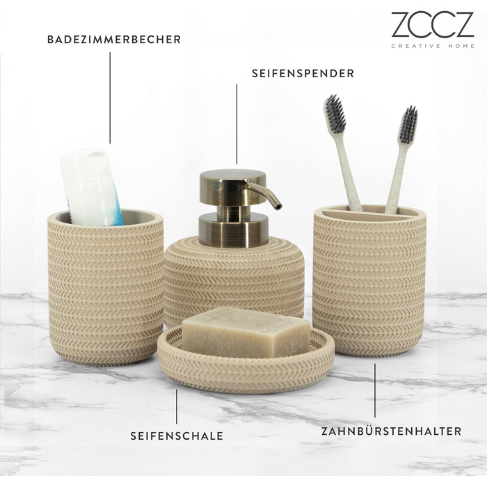 ZCCZ Bathroom Set – 4-Piece Organizer Set with Toothbrush Holder, Soap Dispenser, Cosmetic Bowl, and Cotton Swabs – Elegant Stone-Look Decor, for Modern Bathrooms (Beige 4pcs)