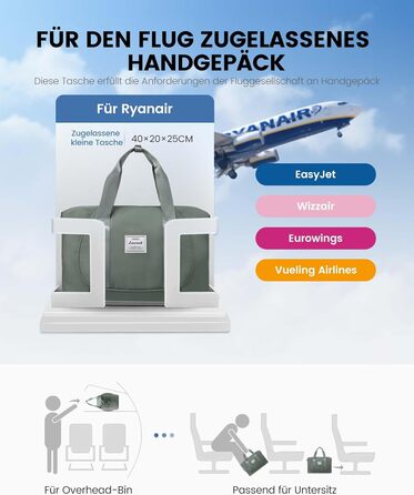 LOVEVOOK Сумка ручної поклажі Ryanair, 40x30x20 см, розширювана, для подорожей літаком, зелена