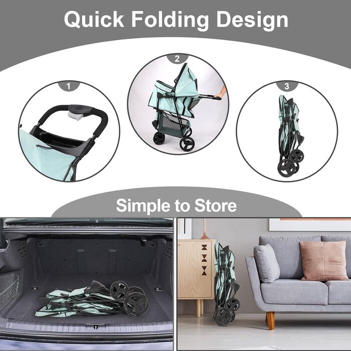 Дитяча коляска для тварин, складна, для котів/собак, з кошиком для зберігання та тримачем для напоїв, 3 колеса, для собак та котів, для маленьких або середніх собак, котів, цуценят (Блакитно-зелений)