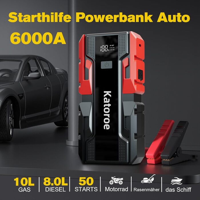 Powerbank для автомобіля з пусковим струмом 60000A, бустер акумулятора для бензинових (до 10л) та дизельних (до 8л) двигунів, ліхтарик 400 люмен, 2x USB, червоні кабелі