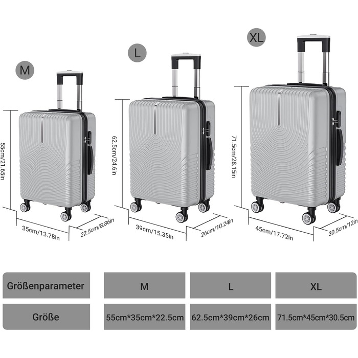 Набір валіз 3 шт. з жорсткою оболонкою, сірий колір. Легкий, міцний, з обертовими колесами на 360° та TSA замком. Підходить як ручна поклажа.