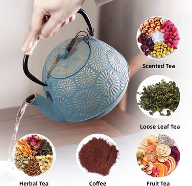 MILVBUSISS Cast Iron Teapot, 1200 ml, Large Capacity, Stovetop Kettle with Infuser, Japanese Teapot for Loose Leaf Tea, Coated with Enamelled Interior, Silicone Handle