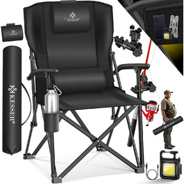 Кресlo для кемпінгу KESSER® розкладне, до 160 кг | Зручне рибальське крісло з підлокітниками, кишенею для напоїв та світлом | Чорний колір