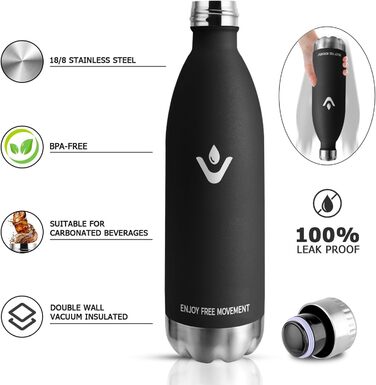Термос-пляшка 750 мл, з нержавіючої сталі, BPA-Free, для спорту, подорожей, дітей, на відкритий простір, з вакуумною ізоляцією, витримує газовані напої, витік захищений, темно-зелений (1000 мл, чорний)