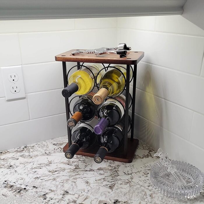Wine rack with glass holders, tabletop wine rack with tray, freestanding wooden wine rack, perfect for home decor & kitchen storage rack, etc. (holds 6 bottles and 2 glasses) (Holds 6 Bottles)