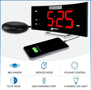 Alarm clock with a powerful 95dB alarm, vibrating pad, large display, and strobe light - The Geemarc Wake 'N' Shake Curve will wake you from deep sleep - USB charging port - Version DE
