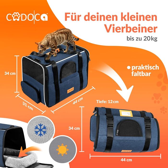 Транспортна переноска для котів до 20 кг, складна, з сонце- та водонепроникним дахом, плечовим ременем та мискою, дихаюча, комфортна, з обертовим подушкою, переноска для котів/собак, авто (блакитна)