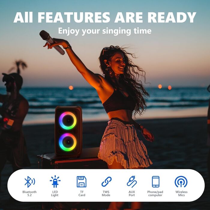Караоке машина нового покоління 2025 | Система караоке з 2 мікрофонами, Bluetooth, FM, AUX, USB, підтримка TV/Smartphone/iPad | Для вечірок, дня народження, подорожей (Чорний, багатобарвний)