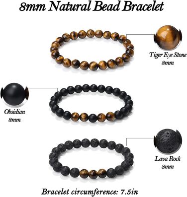 Чоловічі браслети з натурального каміння: тигрове око, лава, онікс, бірюза. Набір 3-4 шт.