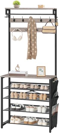 HOOBRO Coat Rack with Shoe Storage, Shoe Shelf with Coat Rack, Clothes Rack with 5-Tier Shoe Storage, Coat Rack with Shoe Cabinet, Adjustable Metal Grid Shelf, Greige EBG75MT01