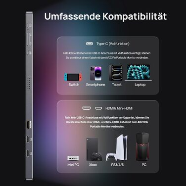 Портативний монітор ARZOPA 16.1' 2.5K 180Hz (2560x1440) HDR10, Space Grey (Z3FC/180HZ)