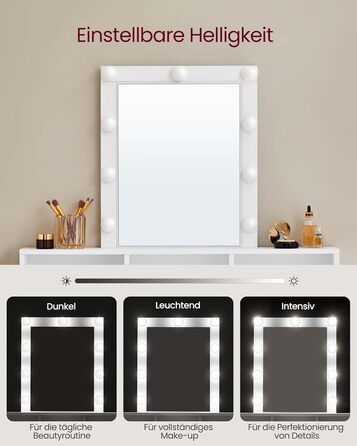 VASAGLE туалетний столик з LED-підсвіткою, регульована яскравість, дзеркало, 2 шухляди, 3 відкриті ніші, сучасний білий косметичний стіл 100x145 см
