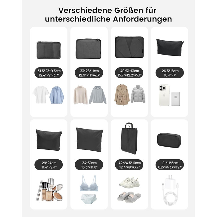 Органайзери для валізи Packing Cubes, 8 шт., водонепроникні, чорні + косметичка