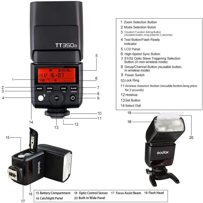 Спалах Godox TT350O для Canon - TTL, 2.4G, HSS 1/8000s, GN36, сумісний з 6D, 7D, 50D, 60D, 500D, 550D, 600D, 650D, 1000D, 1100D, 1DX, 580EX II, 5D Mark II III