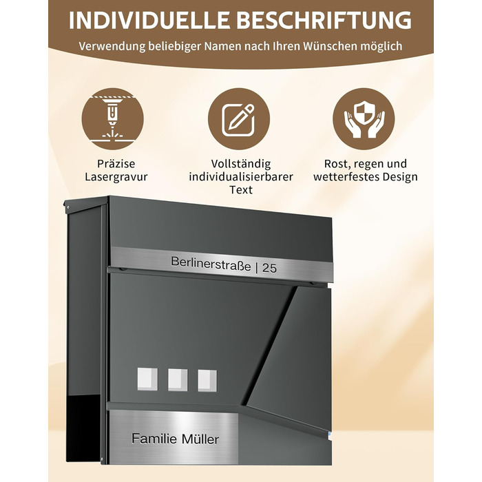 Поштовий ящик Anthrazit з нержавіючої сталі з відділенням для газет (37x37x10 см), персоналізований з табличкою для імені, стійкий до погодних умов, наклейки проти небажаної реклами, настінний поштовий ящик