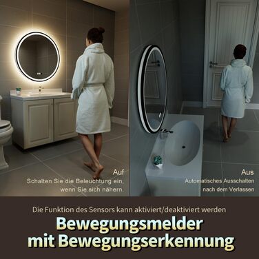 LED дзеркало з сенсором, круглий, індукційне, для макіяжу, з підсвічуванням, регульоване, антизапарник, водонепроникне IP44, для ванної кімнати, настінне, діаметр 70 см