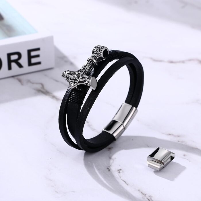 Чоловічий браслет Flongo з плетеного шкіряного шнура, стилізований під молот Тора (мультяшний молот), вікінзький браслет, регульований, з застібкою, амулет, подарунок для чоловіків