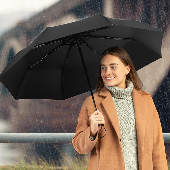 Чорний автоматичний парасолька-тростина з 8 спиць, стійкий до вітру, з UV захистом, легкий та міцний