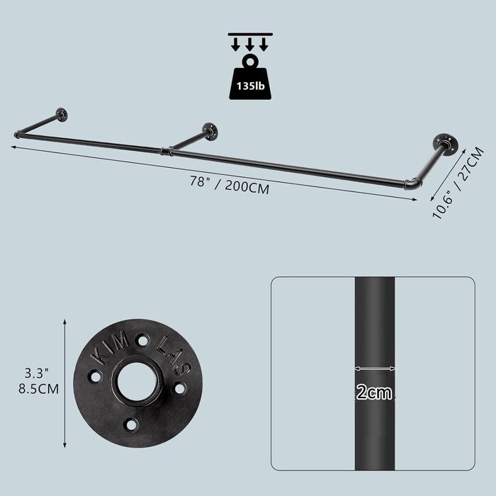 Wall-Mounted Clothes Rack 200cm Pipe Clothes Rail Industrial Style Wall Hangers Detachable Metal Clothes Rod Wardrobe Rail Bedroom for Hallways Living Room Bedroom