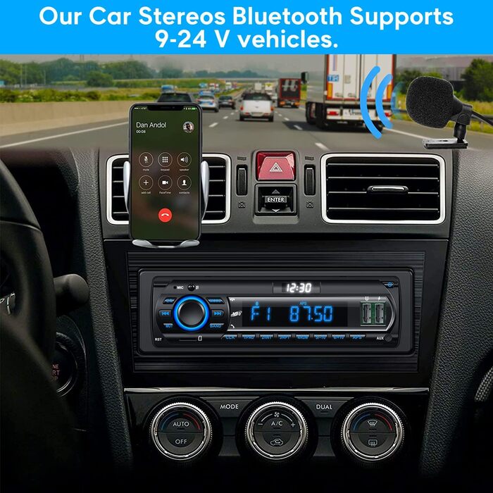 Автомобільна магнітола RDS Bluetooth 9-24V, FM/AM 1DIN, гучний зв'язок, 7 кольорів підсвітки, 2 USB, MP3-плеєр, AUX, SD, незалежний годинник, 30 радіостанцій