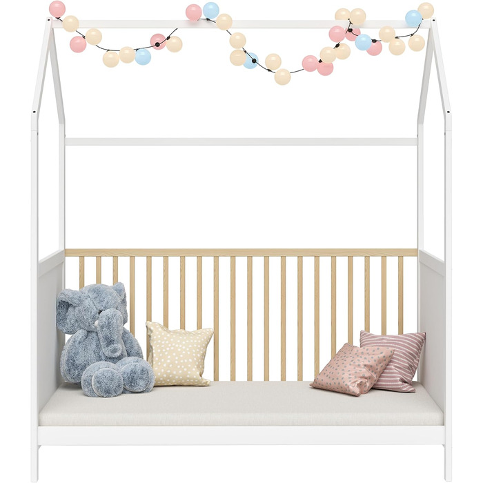 Bellabino Nika Babybett in Hausoptik 70 x 140 cm, crib and house bed for children and babies made of solid pine wood in blue, 3-fold height adjustable including slatted base.