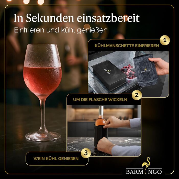 Охолоджувач для вина BARMINGO з нержавіючої сталі з 2 охолоджувальними акумуляторами – охолоджувач напоїв та охолоджувач пляшок для вина, шампанського, ігристого вина | Подвійний сектанкулер з охолоджувальними манжетами | Охолоджувач для винних пляшок | (