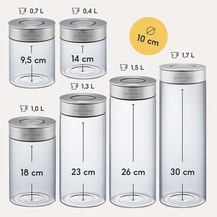 SILBERTHAL Storage Jars with Lids - Set of 6 - Storage Containers for airtight & leak-proof storage in the kitchen - Moth protection and organization