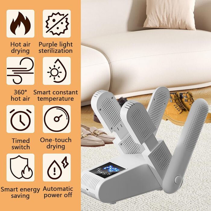 Електричний сушильник для взуття з 4 тримачами, таймером та регульованою довжиною. Підходить для взуття, рукавичок, шапок, шкарпеток та футбольних бутс