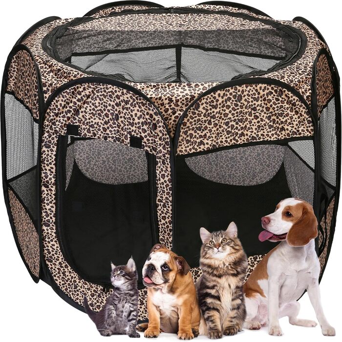 Транспортувальна переноска для тварин, портативна, м'яка, розкладна, для собак, котів та кошенят, сітка, дихаючий матеріал, для дому та вулиці, темно-коричнева (великий розмір, леопард)
