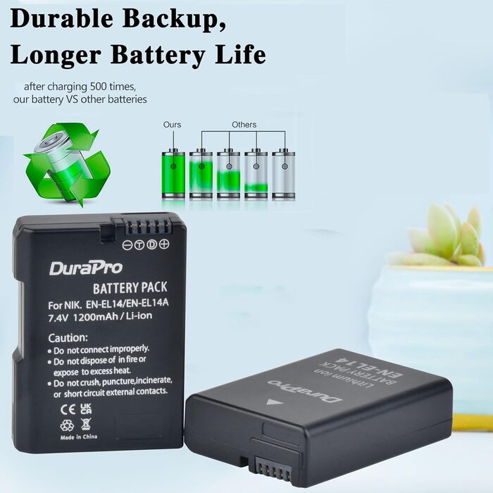 Акумулятор DuraPro EN-EL14 + LED Зарядний пристрій для Nikon P7800, 7700, 7100, 7000, D5600, D5500, D5300, D5200, D5100, 3000, D3400, D3300, D3200, D3100, DSLR