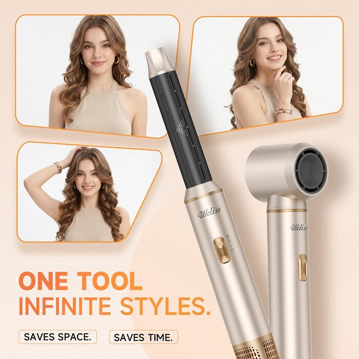 Мультистайлер для волосся 6 в 1 UKLISS Air Styler Set: фен-щітка, диффузор, плойка та вирівнювач, 1000 Вт, LCD-дисплей, Срібно-золотий